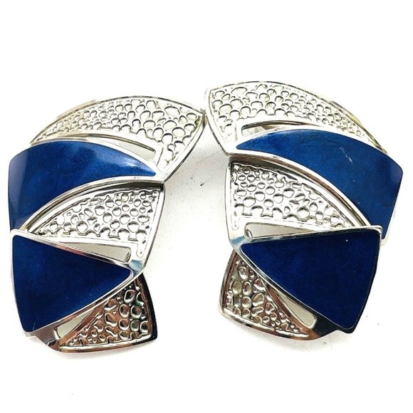 Berebi Signed Blue Enamel Triangle Earrings Textured Silver Tone Curved Zig Zag - Picture 1 of 11